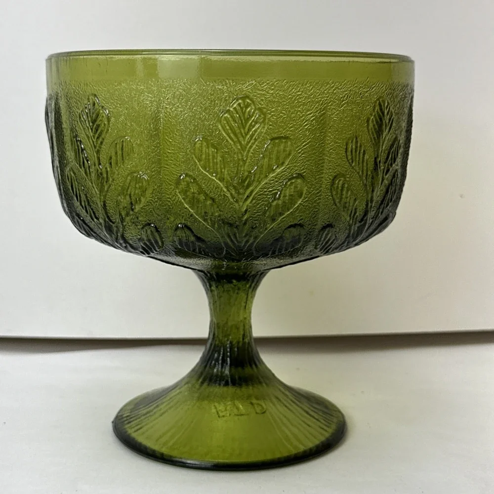 Vintage FTD  1978 Green Glass Goblet Leaf Bowl Vase with Stem Pedestal Decor